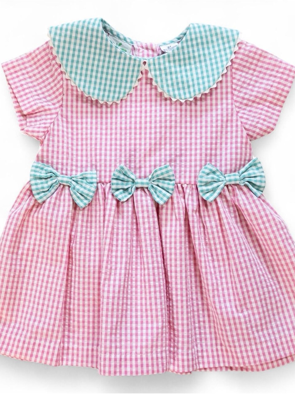 Vintage Radishes & Roses Pink & Green Gingham Bow Dress 2T